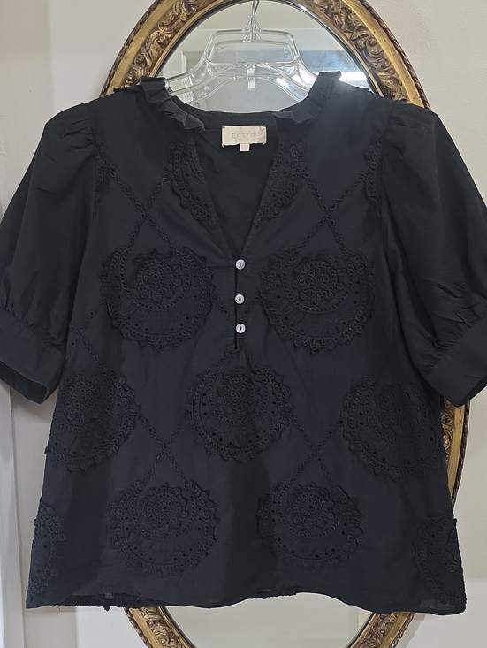 entro Tops - entro Womens Black Embroidered Eyelet Ruffled Short Sleeve Blouse Size L Cotton